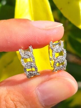14k Gold Diamond Link Cuban Style Hoops Earrings